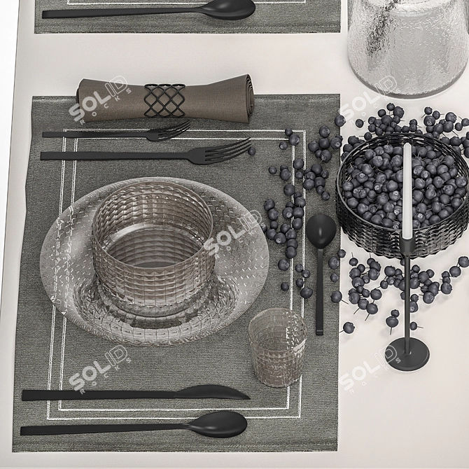 Rustic Eco Table Setting with Blueberry Bouquet 3D model image 5