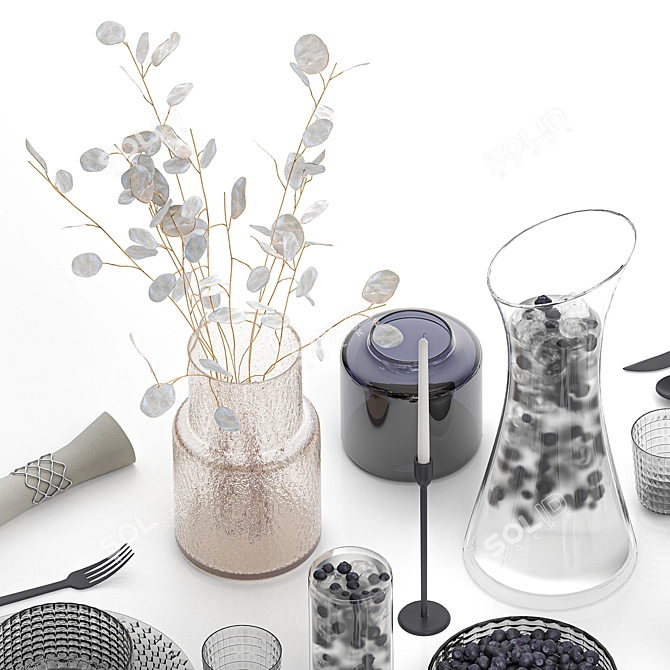 Eco Style Table Setting for Two with Lunaria Bouquet 3D model image 3