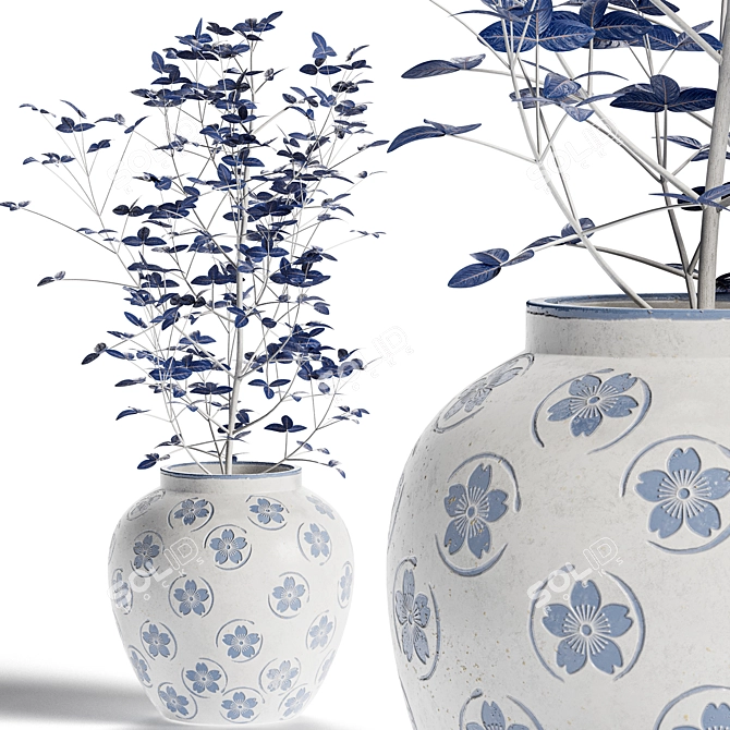 Elegant Blue Floral Vase Set 3D model image 1