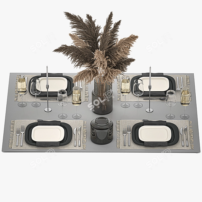 Eco Style Table Setting for 4 with Dried Cortaderia Bouquet 3D model image 2