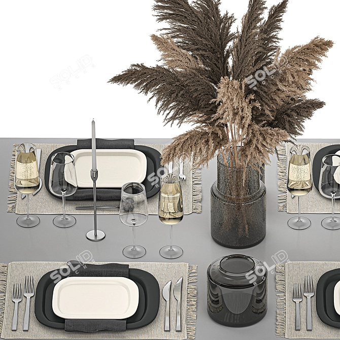 Eco Style Table Setting for 4 with Dried Cortaderia Bouquet 3D model image 3