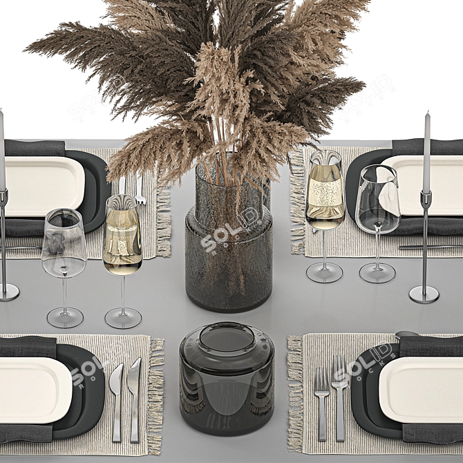 Eco Style Table Setting for 4 with Dried Cortaderia Bouquet 3D model image 5