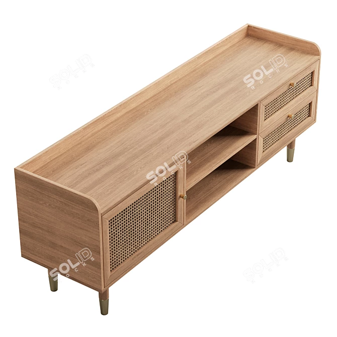 Boho-Chic Wood & Rattan TV Stand 3D model image 5