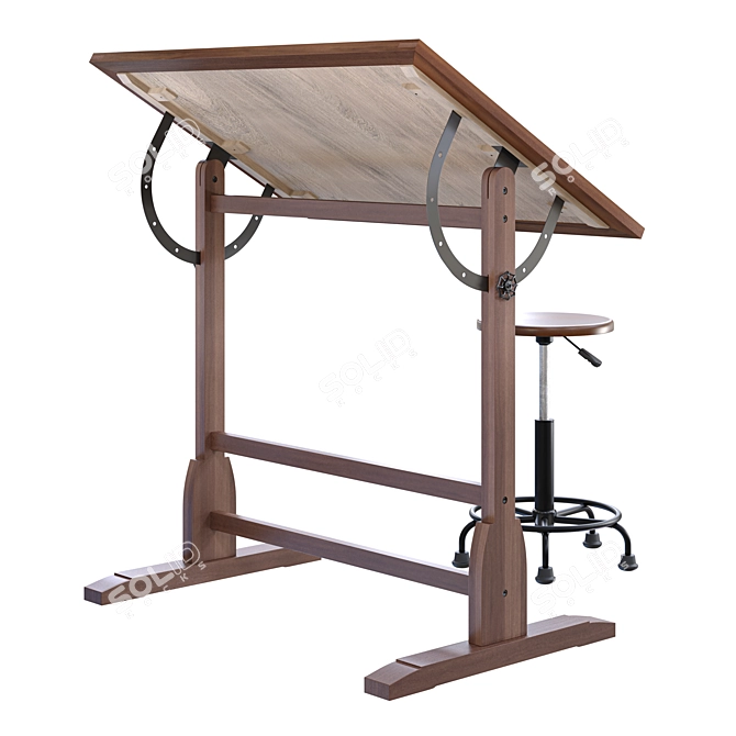 Retro Drafting Table & Stool 3D model image 2