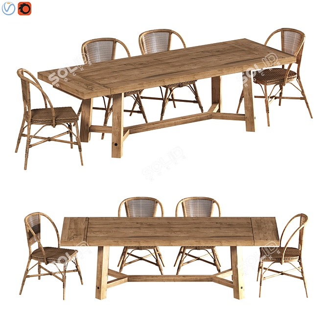 Rustic Farmhouse Dining Set 3D model image 4