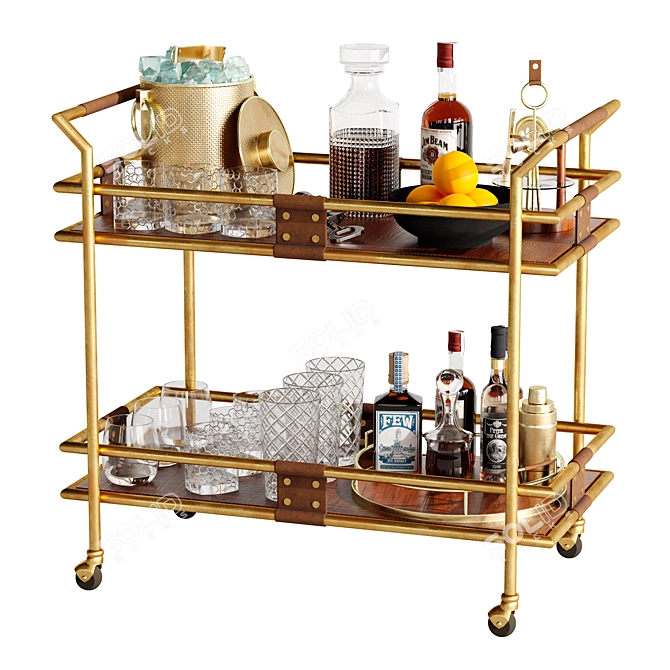 Elegant Gold Bar Cart Set 3D model image 2