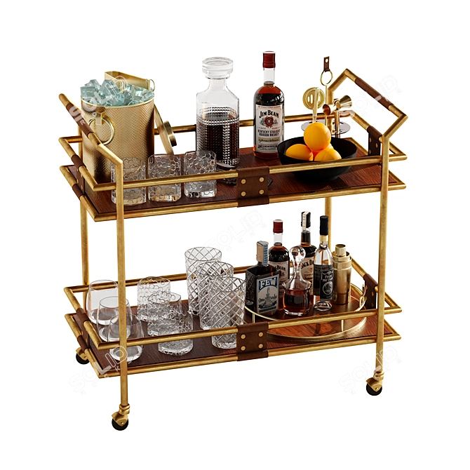 Elegant Gold Bar Cart Set 3D model image 4