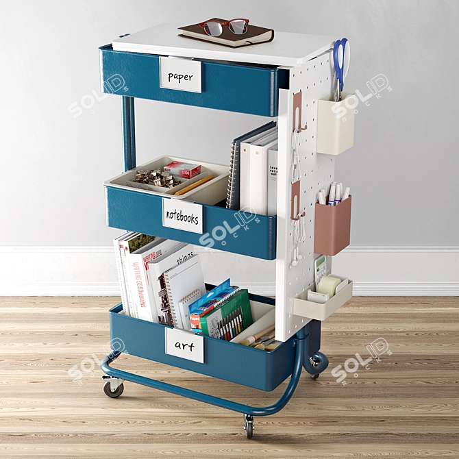 Blue 3-Tier Rolling Cart 3D model image 1