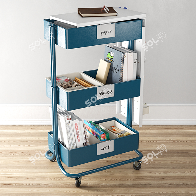 Blue 3-Tier Rolling Cart 3D model image 2