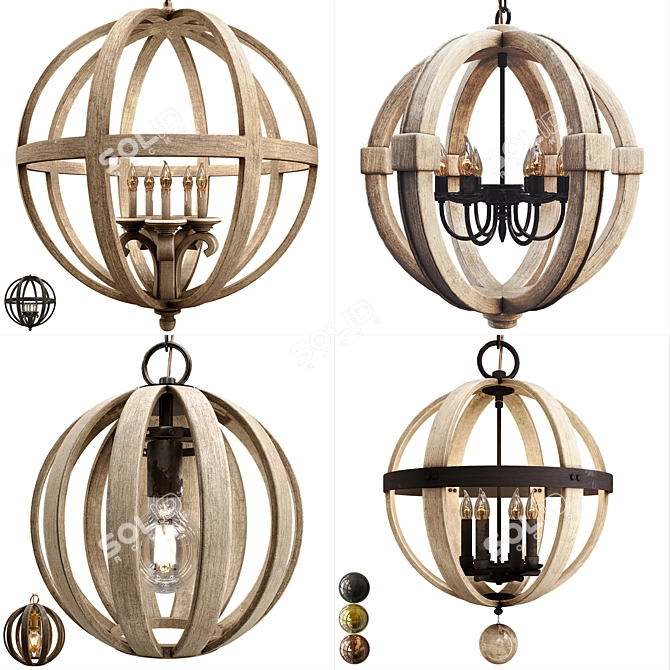 Vintage Wood Iron Pendant Lamp 3D model image 1