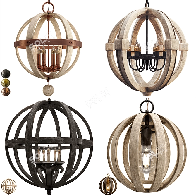 Vintage Wood Iron Pendant Lamp 3D model image 3