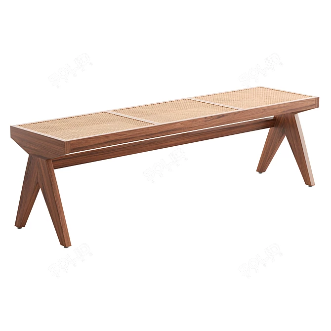 Scandinavian Teak Rattan Bench 3D model image 1