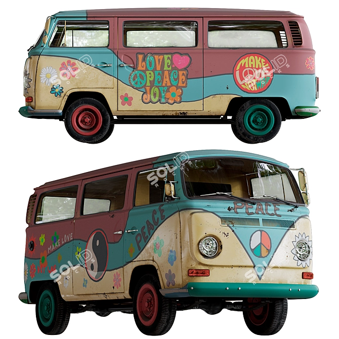 Hippie VW T2 Bus 3D model image 1