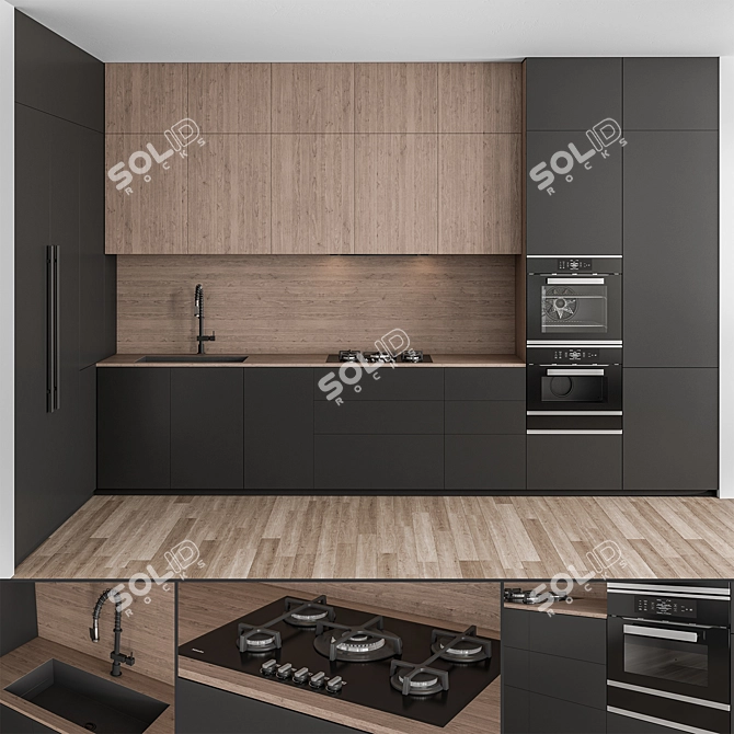 Sleek Wood Black Kitchen Set 3D model image 1