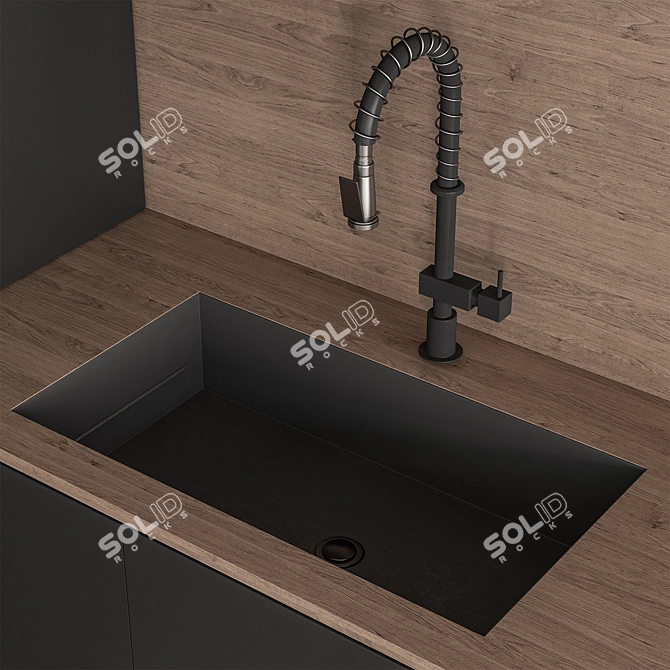 Sleek Wood Black Kitchen Set 3D model image 2