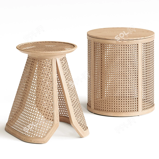 Round Rattan Side Table Set 3D model image 1