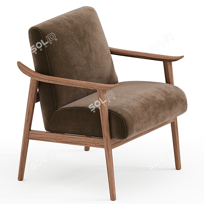 Elegant Walnut Velvet Armchair, Cocoa 3D model image 2