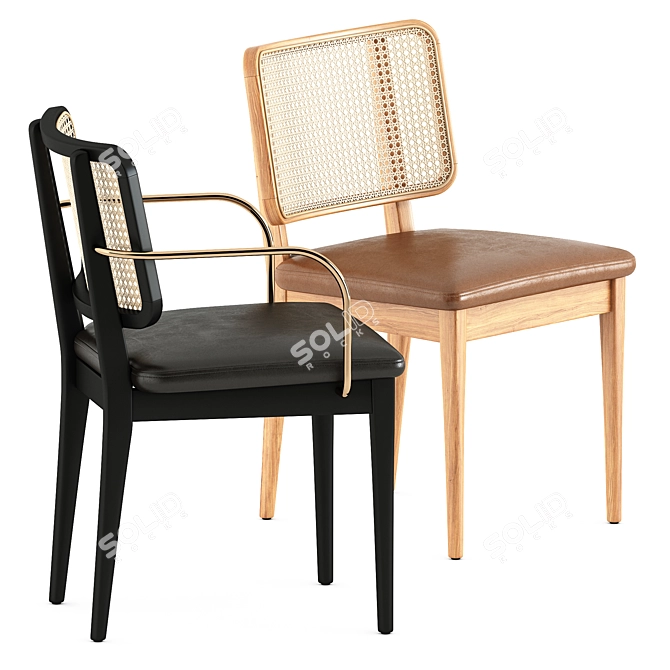 Rattan Cane Chair & Round Oak Table 3D model image 4