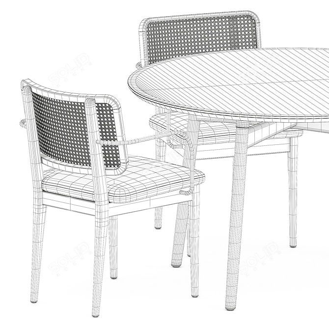 Rattan Cane Chair & Round Oak Table 3D model image 5