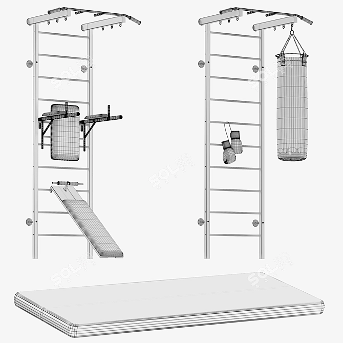 Swedish Wall Bars Set & Mat 3D model image 2