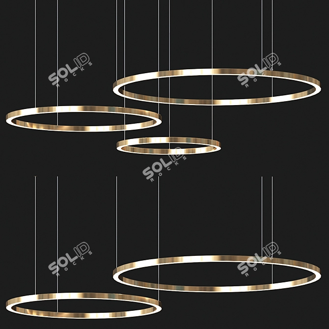 Brass LED Ring Chandelier Set 3D model image 1