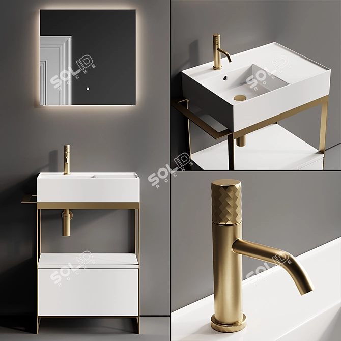 Solid Vanity Unit Set with Ceramic Basin 3D model image 1