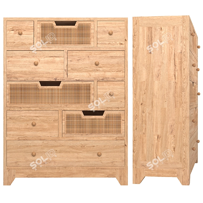 Rustic Wood Rattan Inlay Chest 3D model image 2