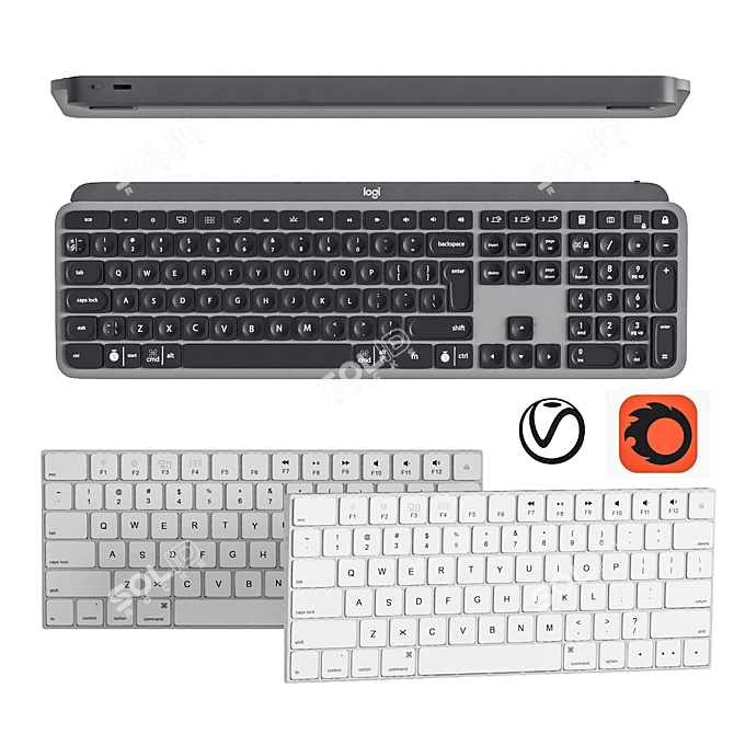 Dual Keyboard Set: Apple & Logitech 3D model image 1