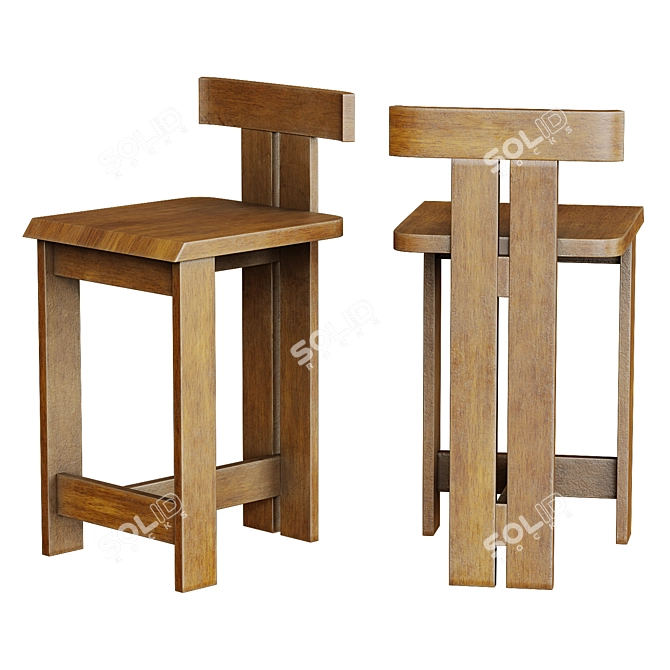 Retro Wooden Bar Stool 3D model image 1