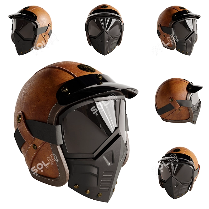 Vintage Leather Motorcycle Helmet Set 3D model image 1