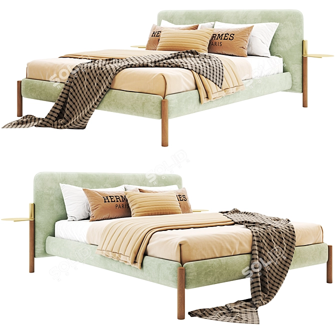 Elegant Wood & Fabric Bed 3D model image 1