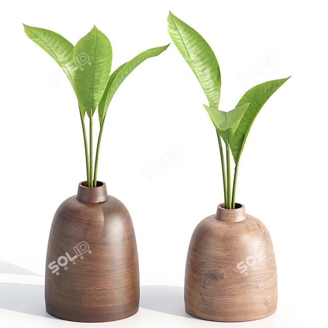 Decorative Wood Vase with Plants 3D model image 1