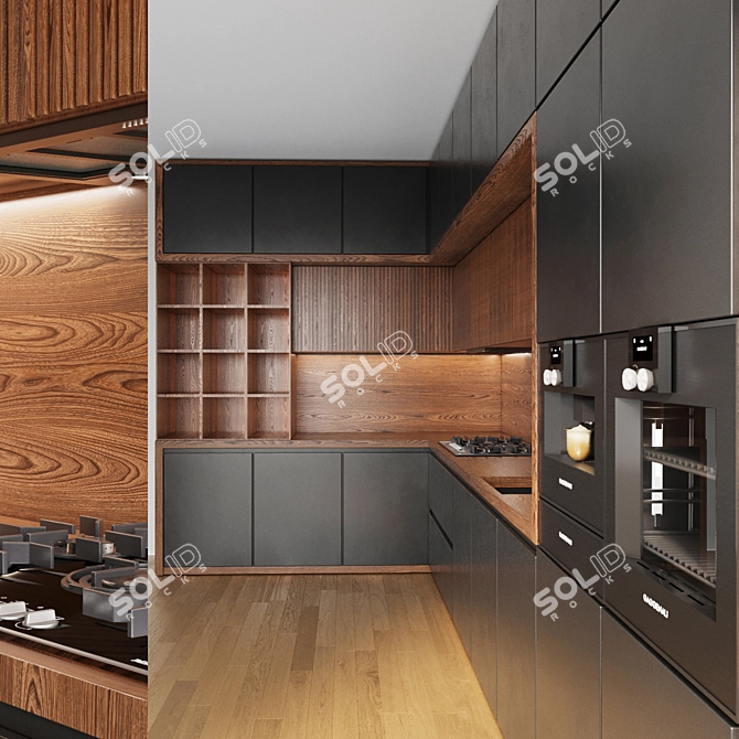 Modern L-Shaped Kitchen Design Kit 3D model image 2