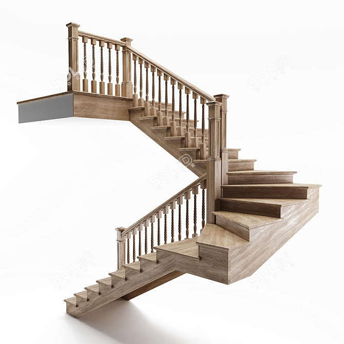 Wooden Spiral Staircase - Two-Flight 3D model image 1