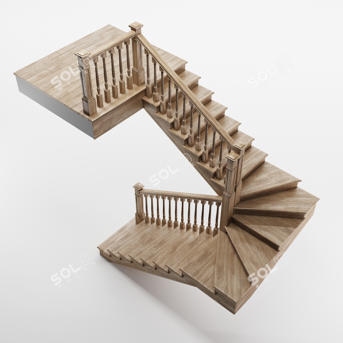 Wooden Spiral Staircase - Two-Flight 3D model image 2