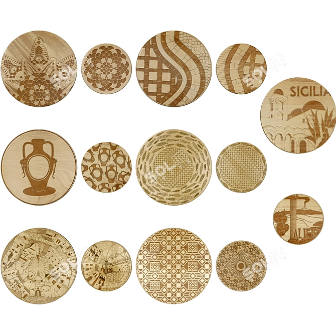 Ethnic Wooden Plate Collection 3D model image 1