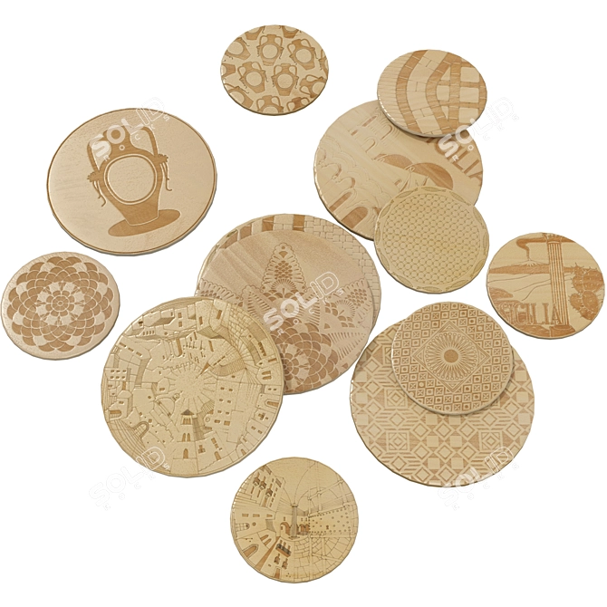 Ethnic Wooden Plate Collection 3D model image 4