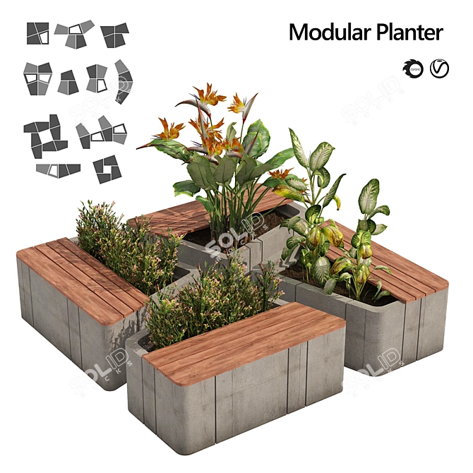 Modular Planter Bench Set 3D model image 1