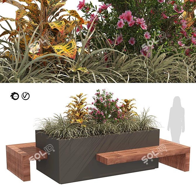 Modern Floral Wood Bench Planter 3D model image 1