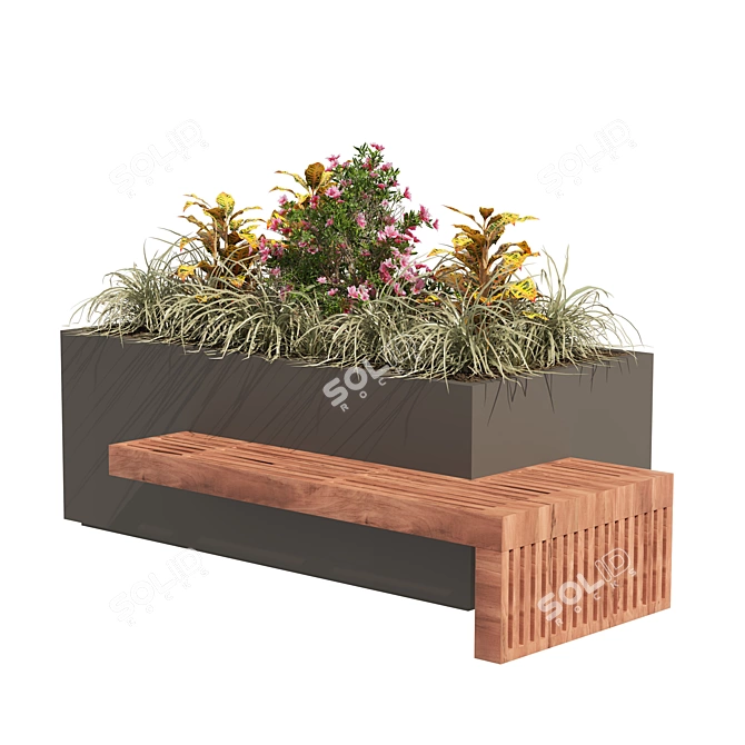 Modern Floral Wood Bench Planter 3D model image 3