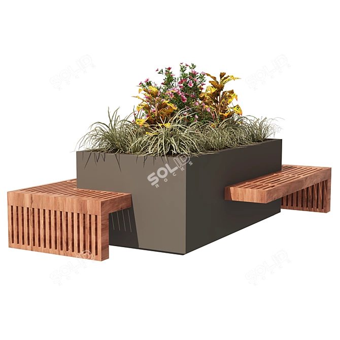 Modern Floral Wood Bench Planter 3D model image 4