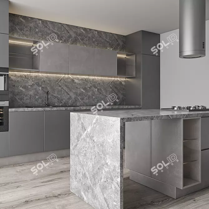 Modern Wood Grey Kitchen Set 3D model image 2