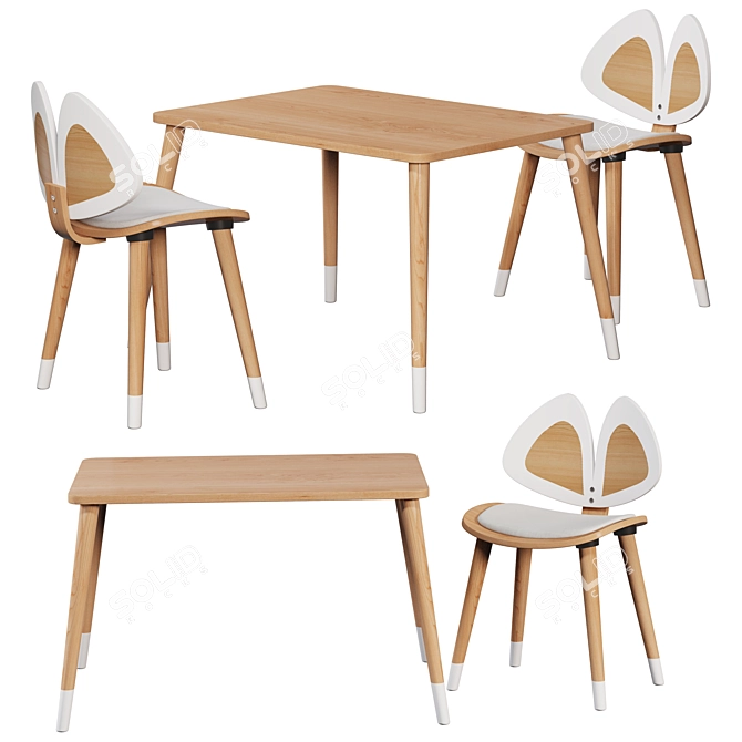 Montessori Wooden Table & Chairs 3D model image 1