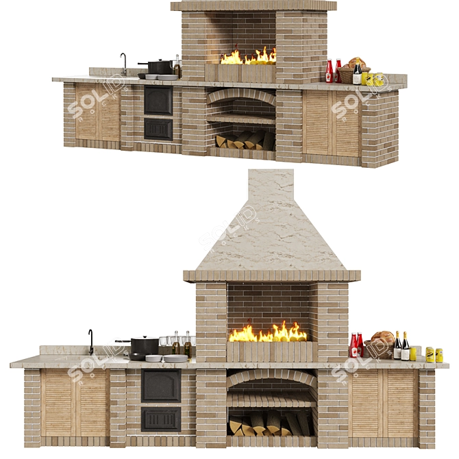 Outdoor Brick Barbecue Grill Set 3D model image 3