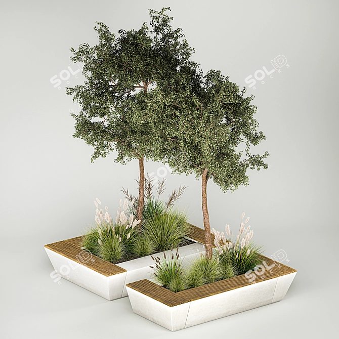 Concrete Garden Plant Collection and Bench 3D model image 2