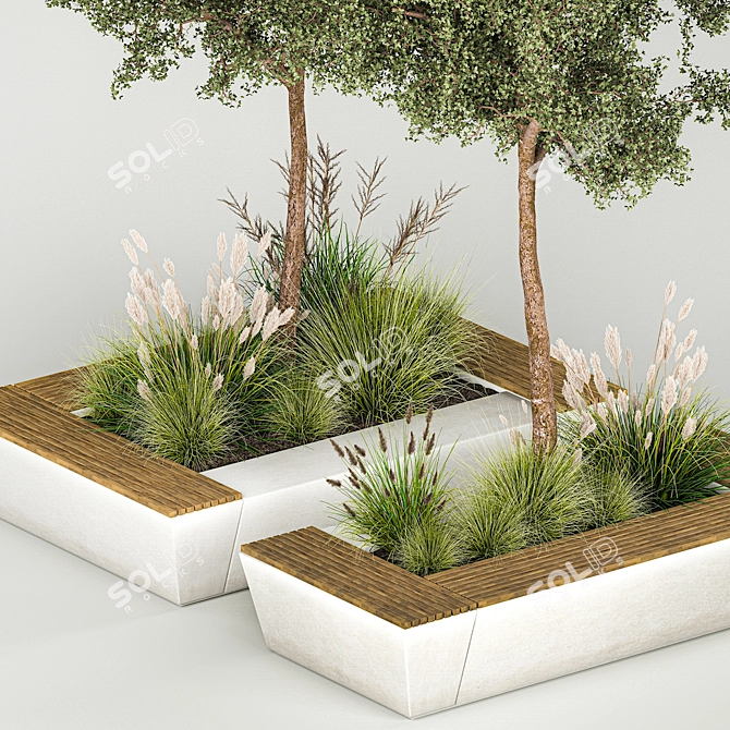 Concrete Garden Plant Collection and Bench 3D model image 5