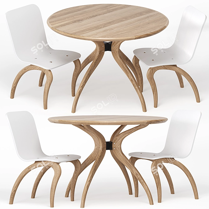 Ansи Dining Set, Solid Oak, White Enamel 3D model image 1