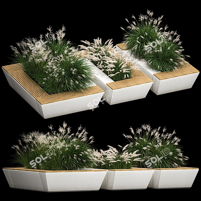 Urban Greenery Collection: Concrete Bench with Ornamental Grasses 3D model image 1