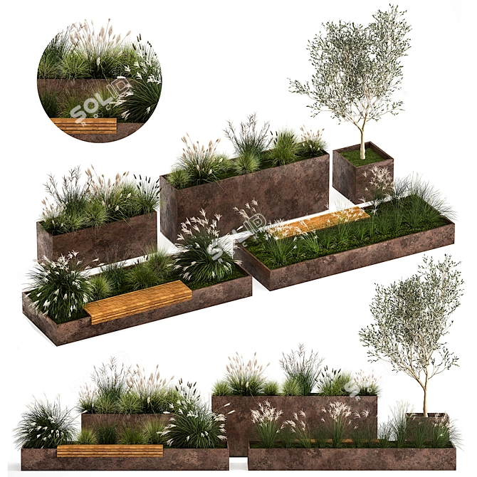 Urban Oasis Collection: Metal Bench & Rustic Planters 3D model image 1