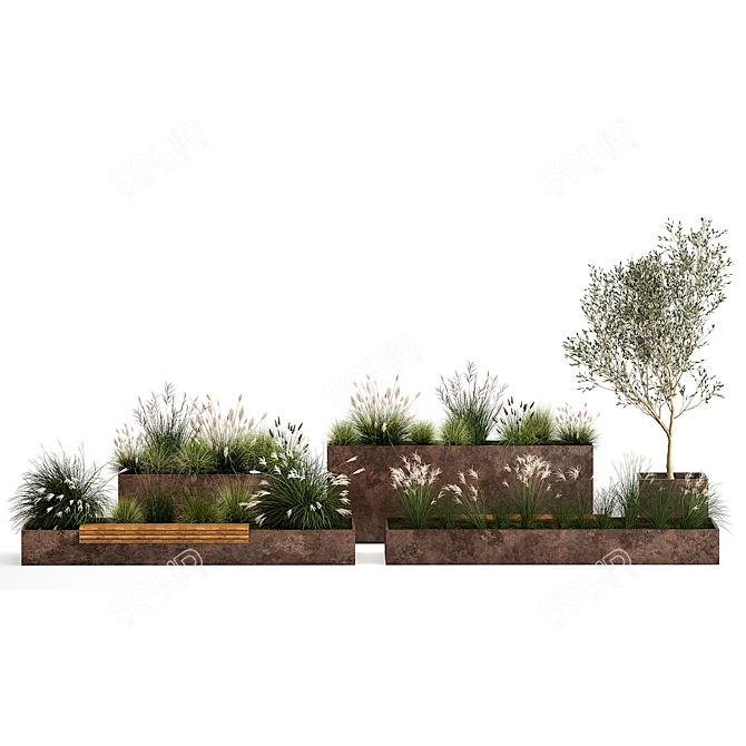 Urban Oasis Collection: Metal Bench & Rustic Planters 3D model image 2